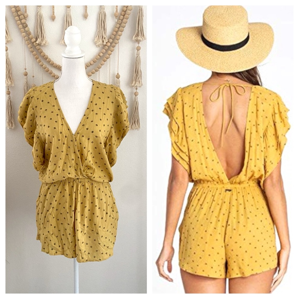Billabong ruffled up short romper golden yellow open back vacation beach large